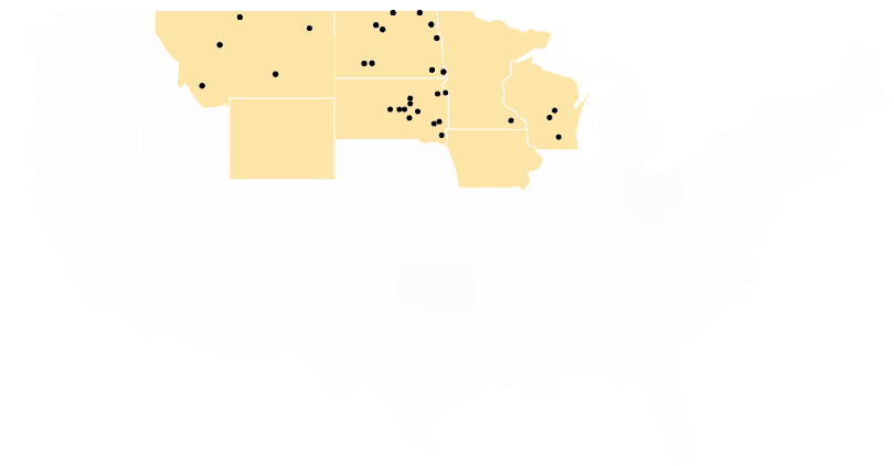 Map of upper midwest Wilbur Ellis Locations